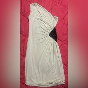 ICON Cream and Black One Shoulder Dress